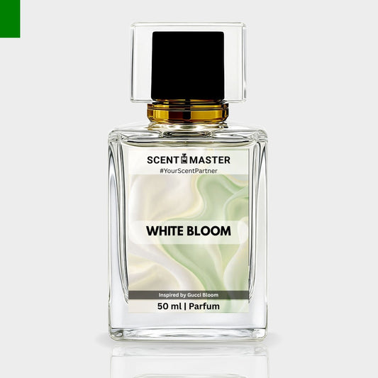 Perfume bottle labeled 'White Bloom' by Scent Master on a light gray background