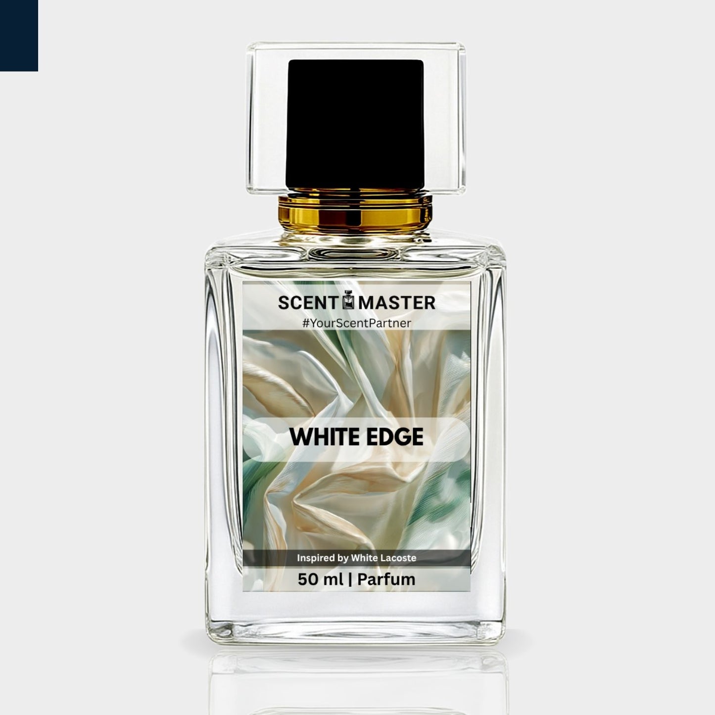 Perfume bottle labeled 'White Edge' by Scent Master on a light gray background