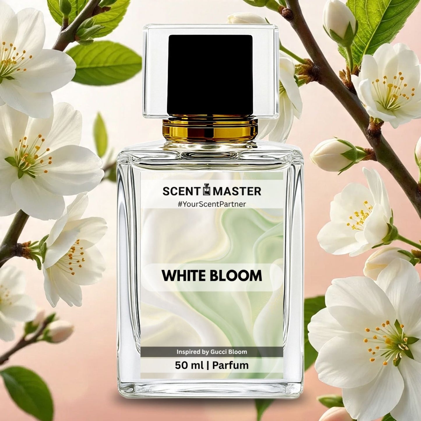 Perfume bottle labeled 'White Bloom' by Scent Master with floral background