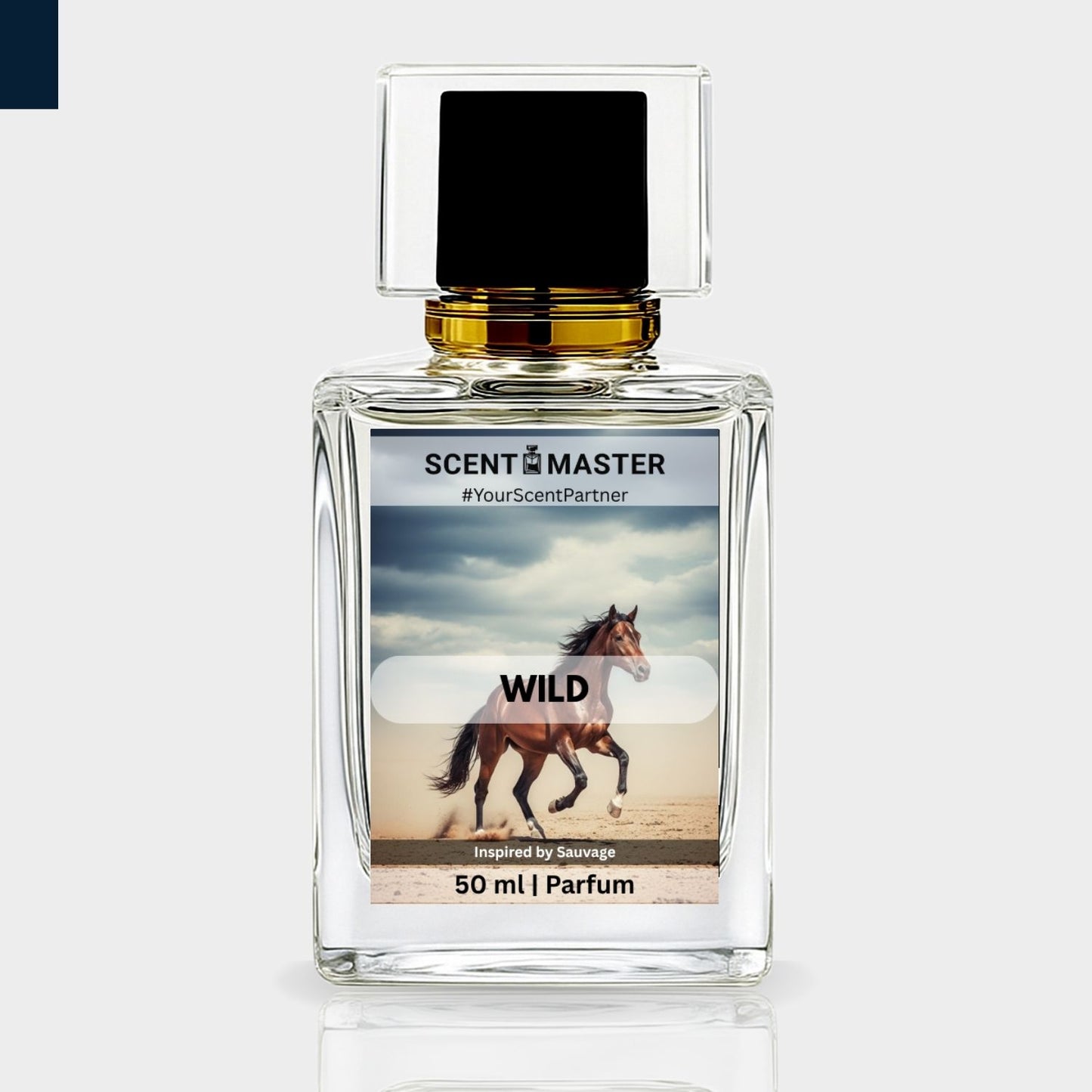 Perfume bottle labeled 'Scent Master Wild' with a horse image on a light gray background