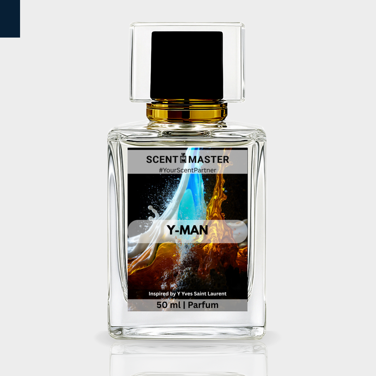 Perfume bottle labeled 'Y-Man' inspired by Yves Saint Laurent on a light gray background