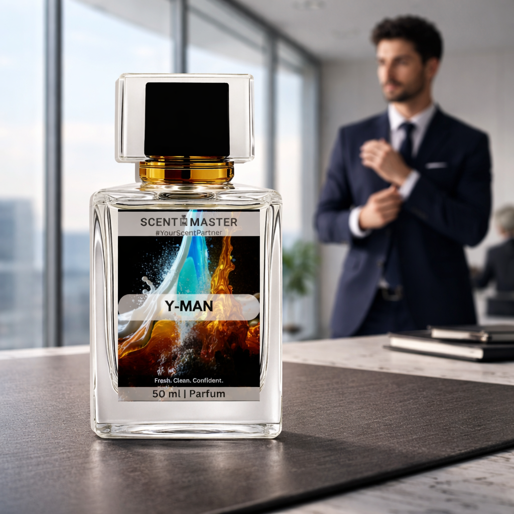 Perfume bottle labeled 'Y-MAN' on a desk with a blurred office background