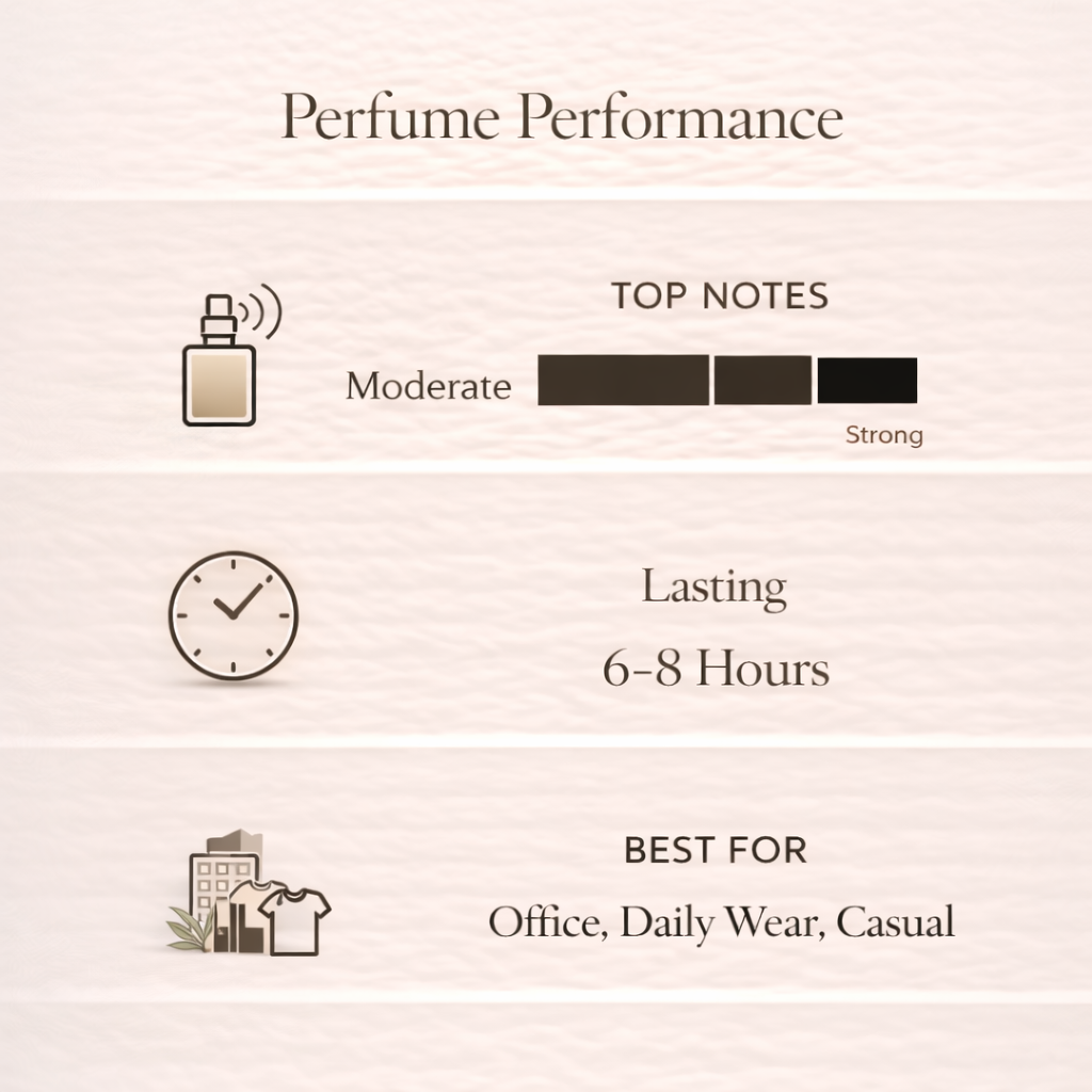 Perfume performance chart with icons and text on a light pink background