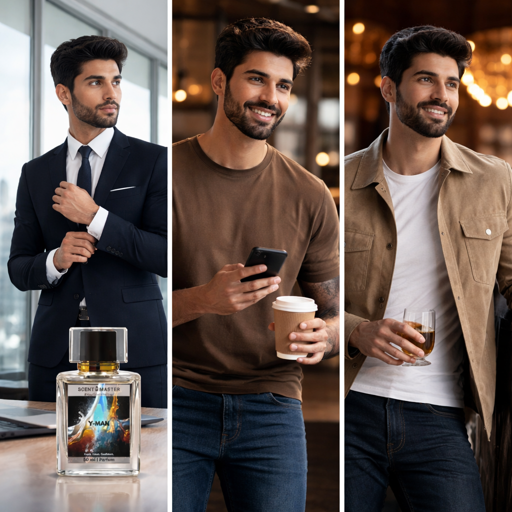 Three scenes of a man in different settings with a perfume bottle labeled 'Y-Man'.