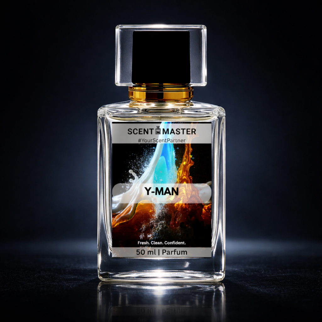 Perfume bottle labeled 'Y-Man' by Scent Master on a dark background