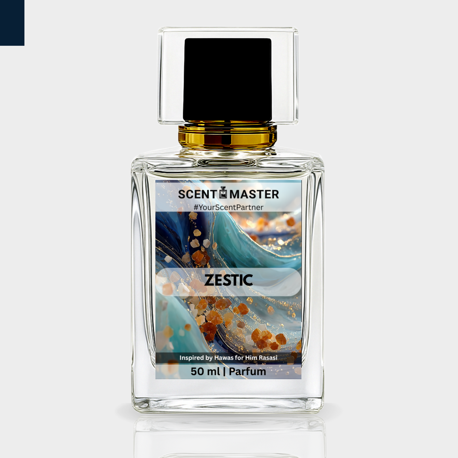 Perfume bottle labeled 'Zestic' by Scent Master on a light gray background