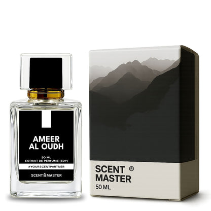 Ameer Al Oudh perfume bottle and packaging with 'Scent Master' branding on a white background.