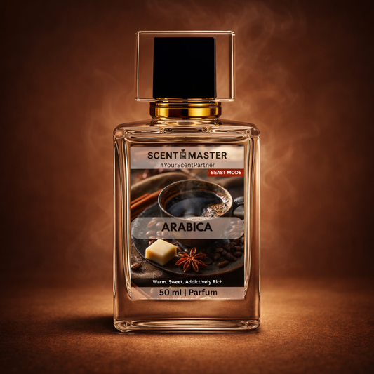 Perfume bottle labeled 'Arabica' by Scent Master on a brown background