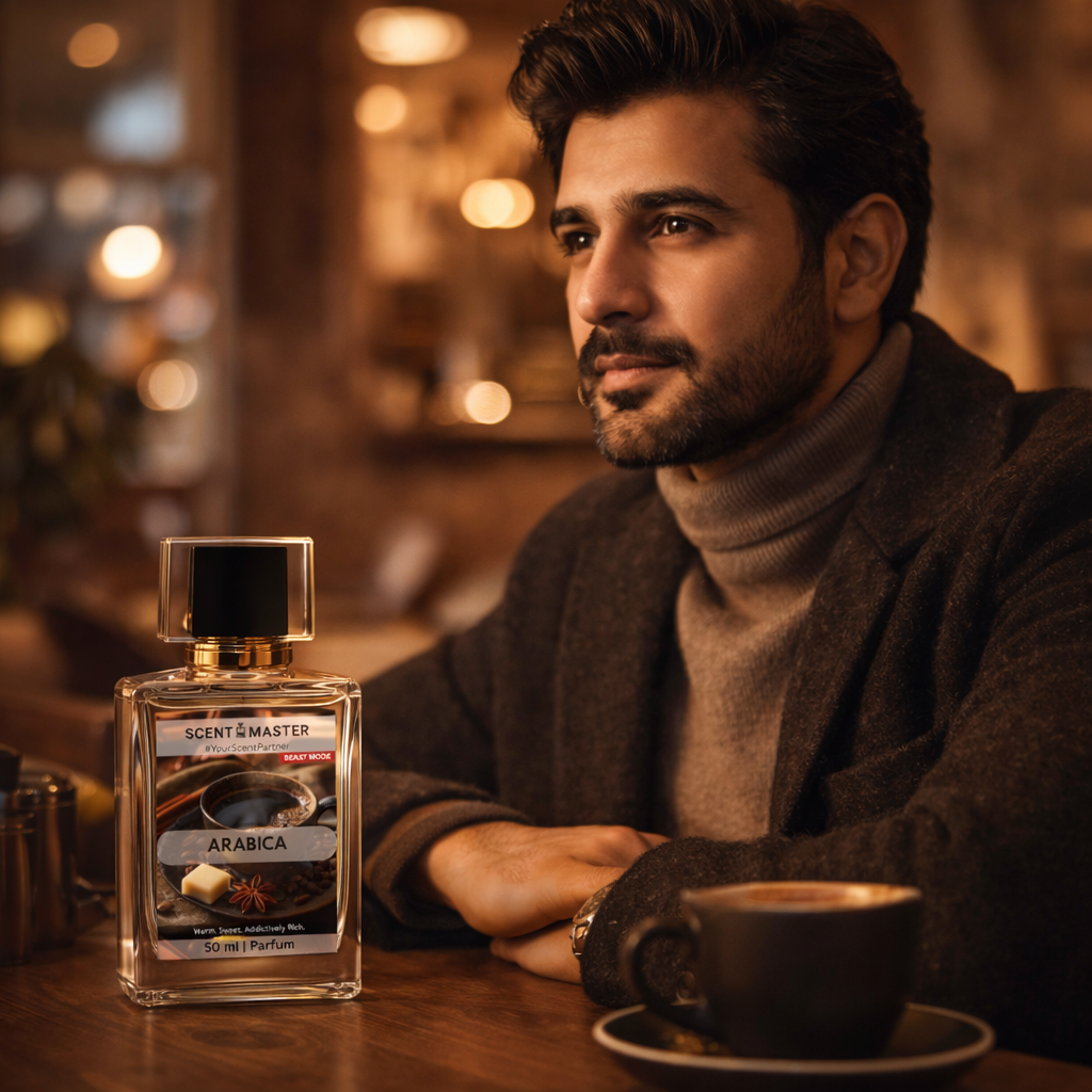 Man sitting at a table with a bottle of 'Scent Master Arabica' perfume and a cup of coffee.