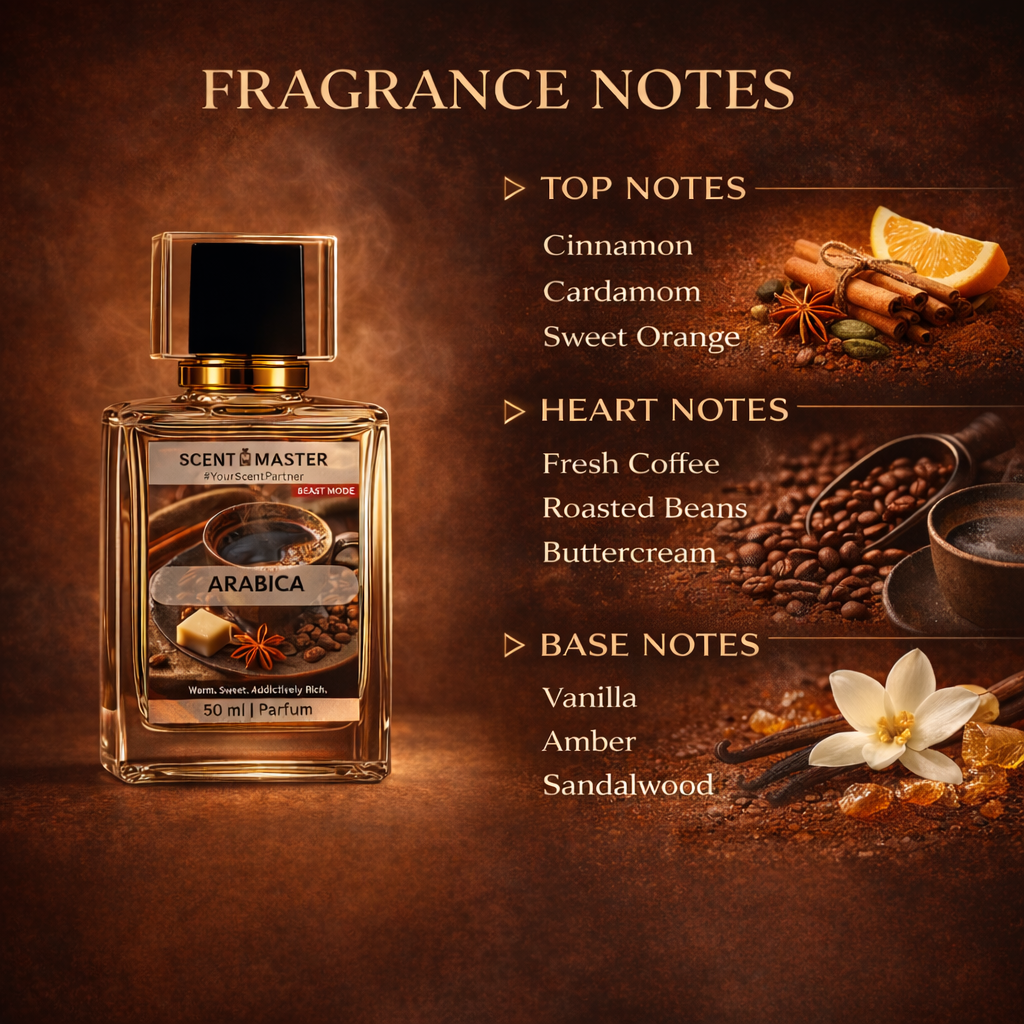 Perfume bottle labeled 'Arabica' with fragrance notes on a brown background