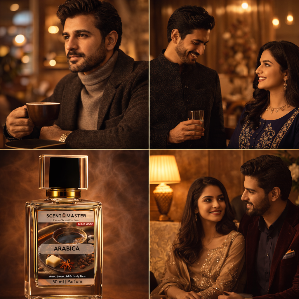 Collage of a man and woman in a romantic setting with a bottle of 'Scent Master' Arabica perfume.