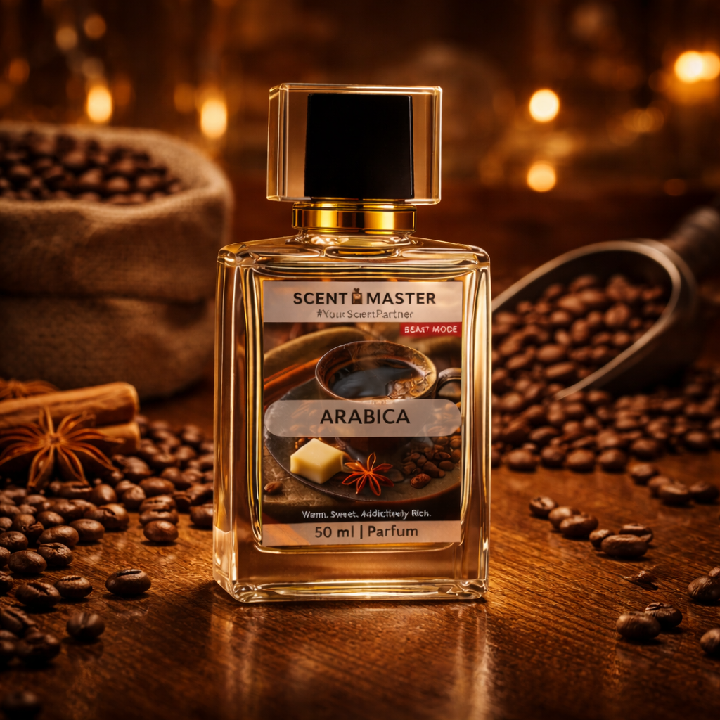 Perfume bottle labeled 'Arabica' by Scent Master on a wooden surface with coffee beans and spices.