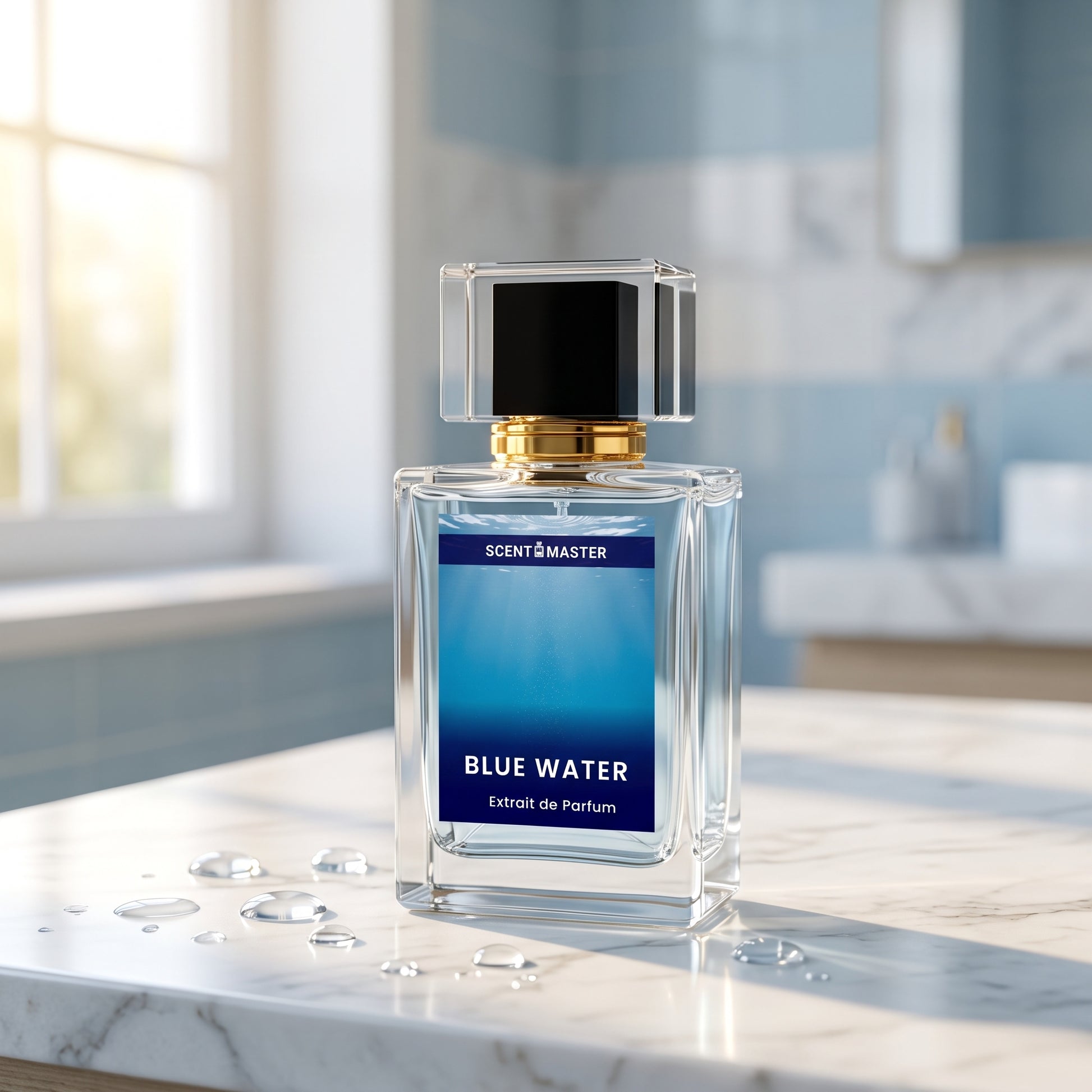 Blue Water Fresh Aquatic Perfume in a Minimal Bathroom Setting