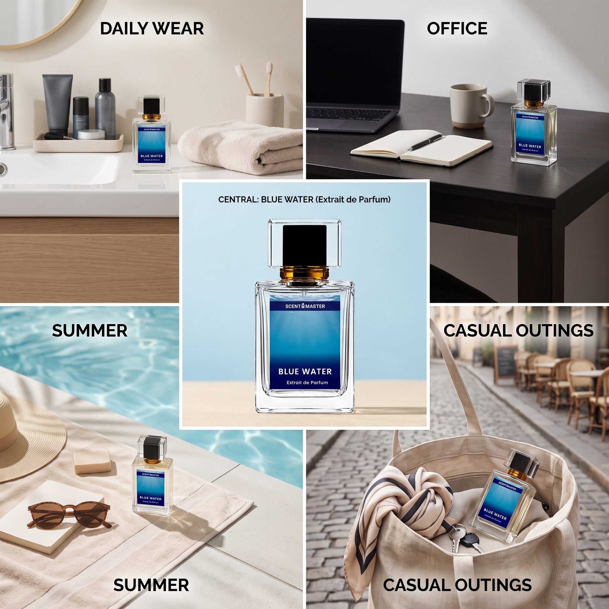 Blue Water Perfume Occasion Split Layout Showing Daily Wear Office Summer Casual Outings and Gifting