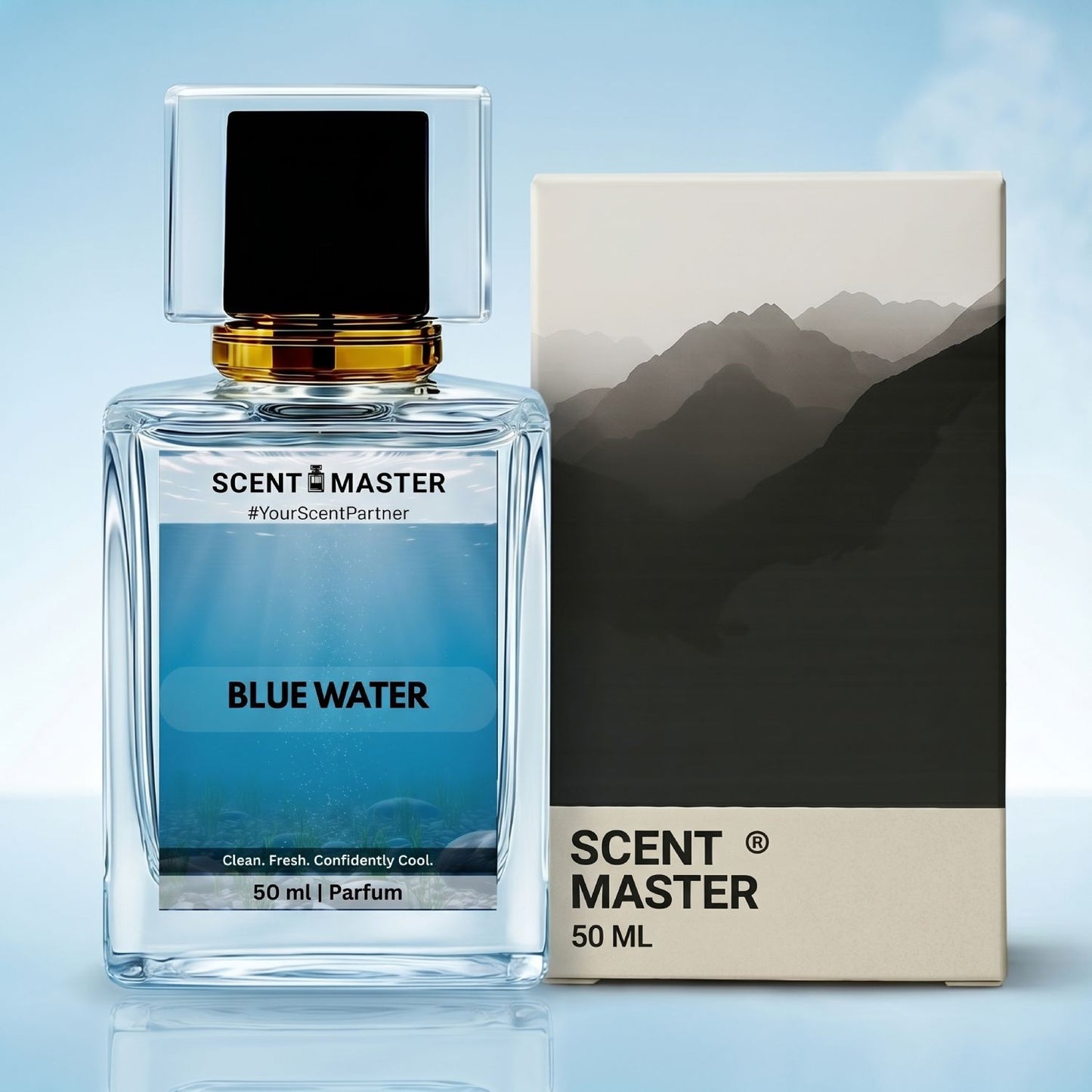 Blue Water by Scent Master fresh aquatic perfume bottle with packaging box for men