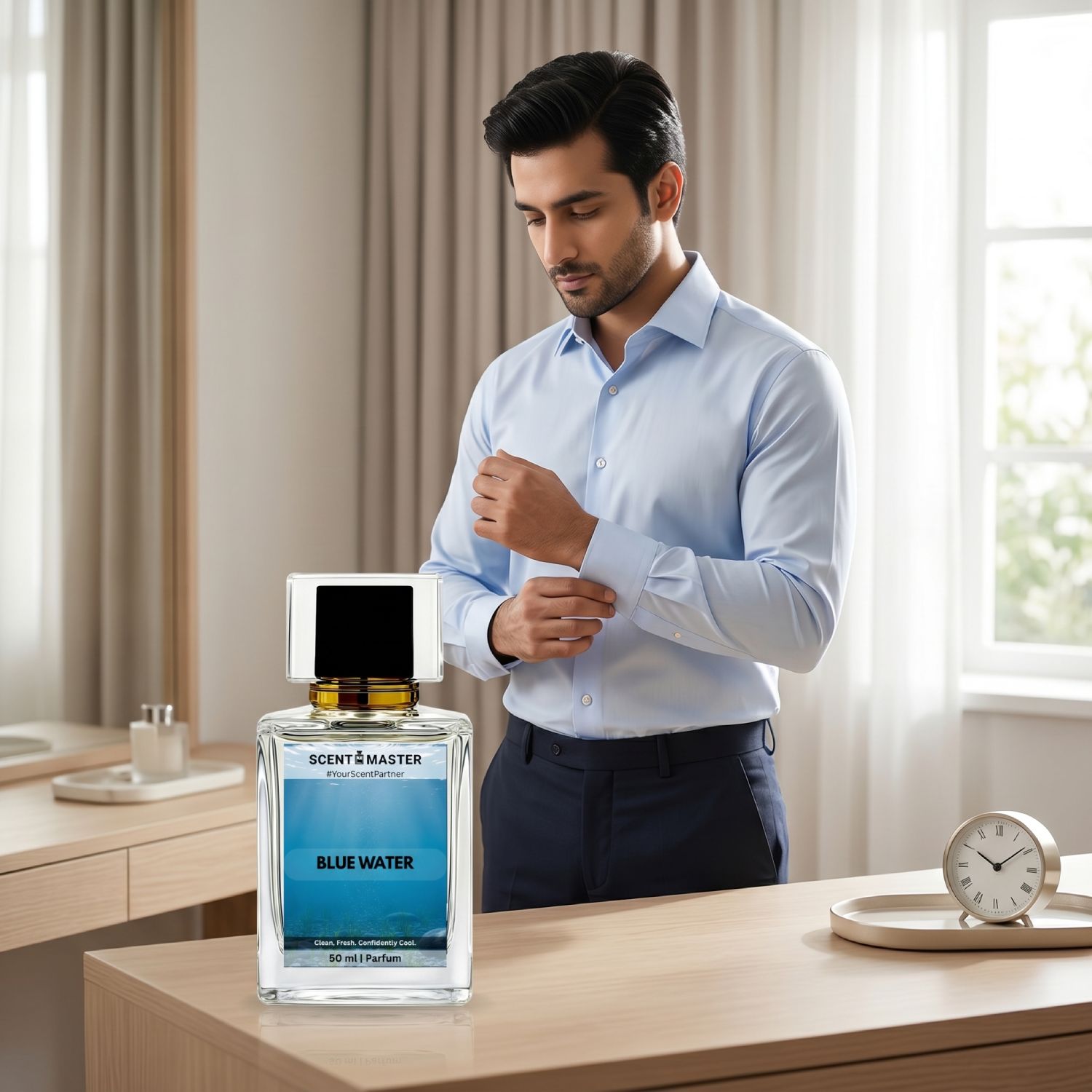 Blue Water by Scent Master fresh aquatic perfume for men shown in a premium daily lifestyle office-ready setting