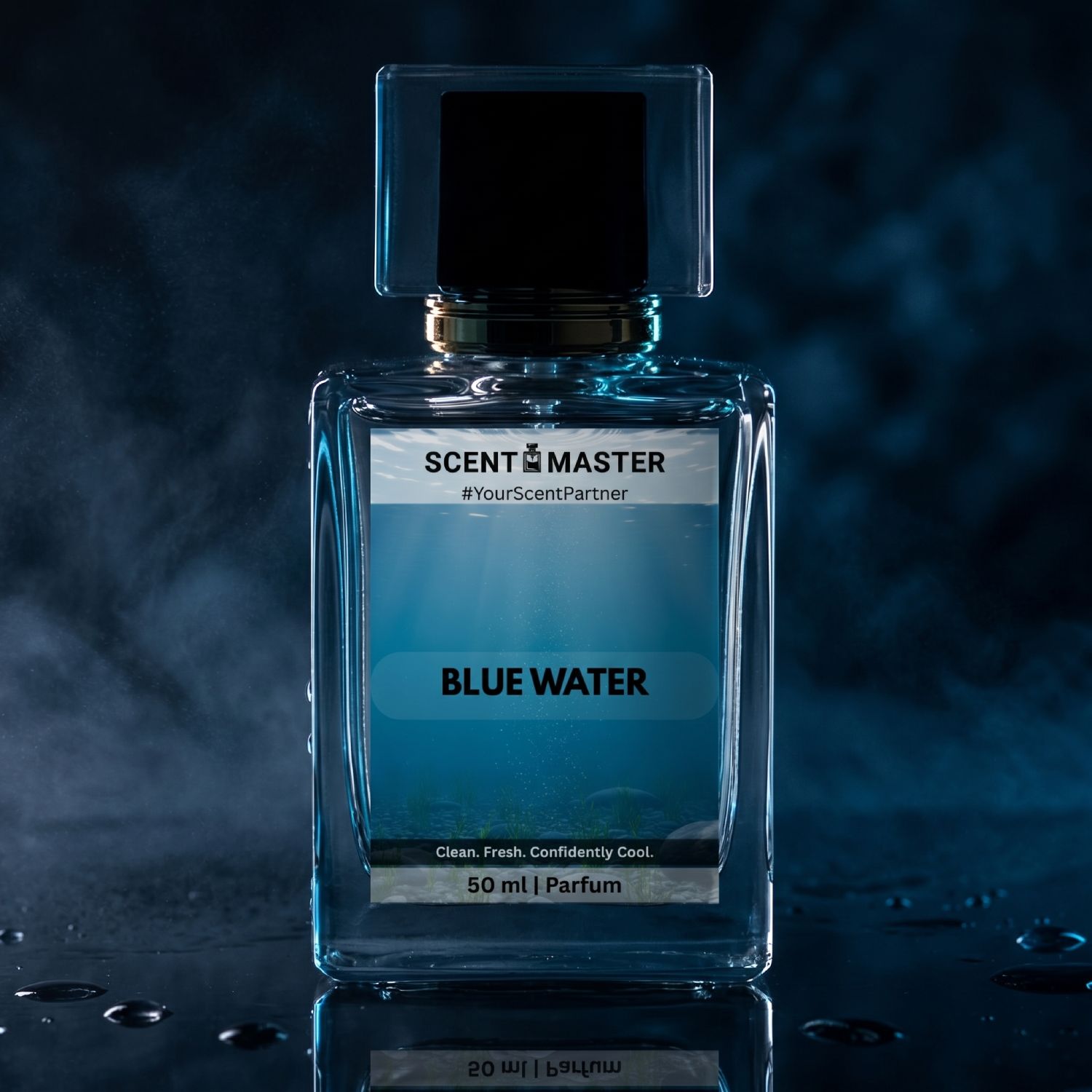 Blue Water by Scent Master fresh aquatic perfume shown in a premium dark cinematic water-themed product image