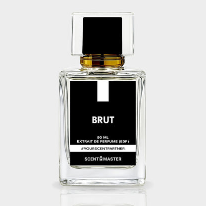 Perfume bottle labeled 'BRUT' by Scent Master on a white background