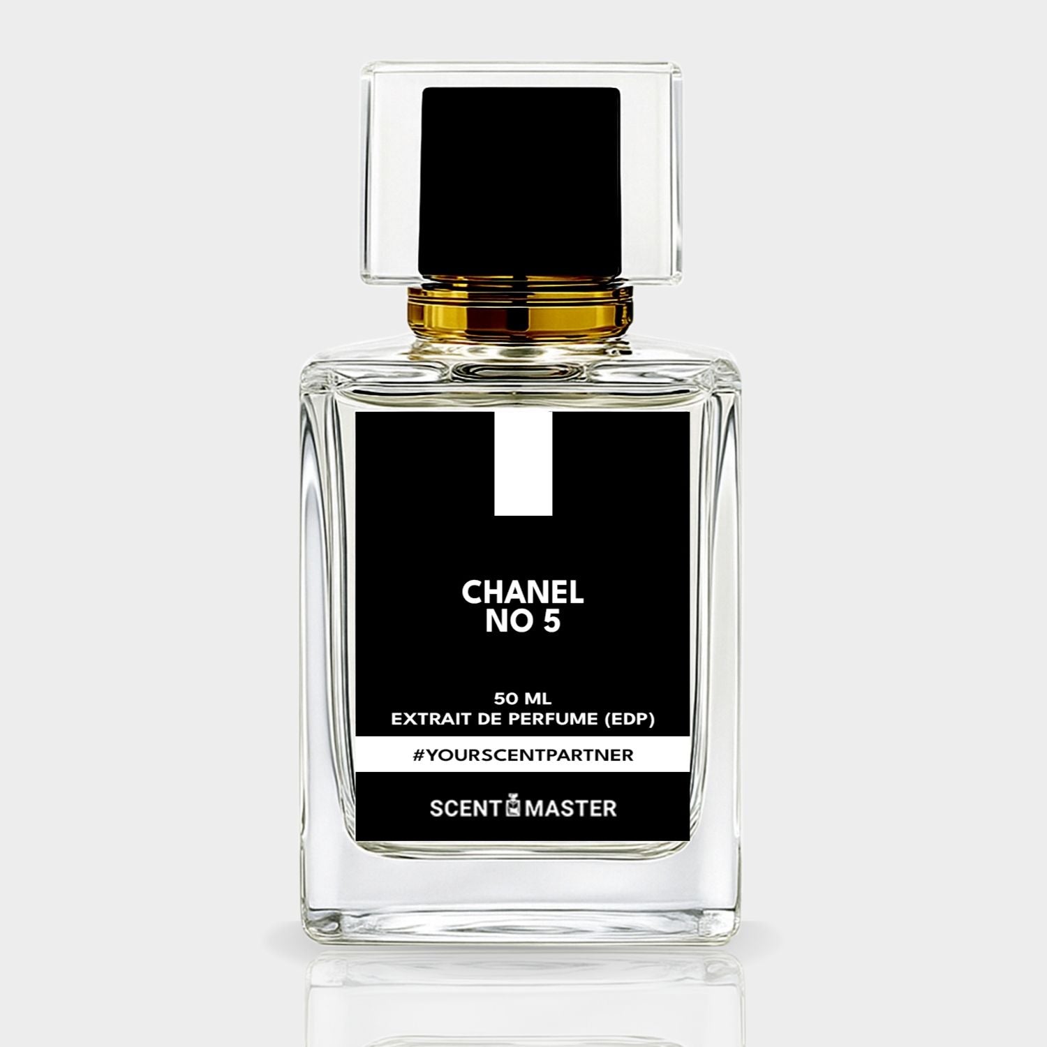 Chanel No 5 perfume bottle with black label on a white background