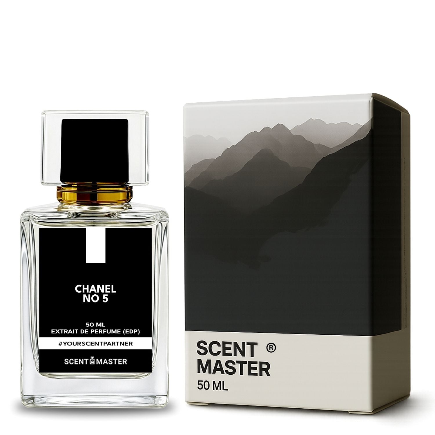 Chanel No 5 perfume bottle and packaging with mountain design on a white background