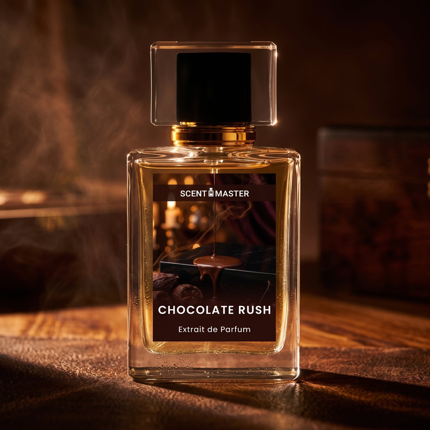 Cinematic photograph of Chocolate Rush perfume bottle with warm dramatic lighting