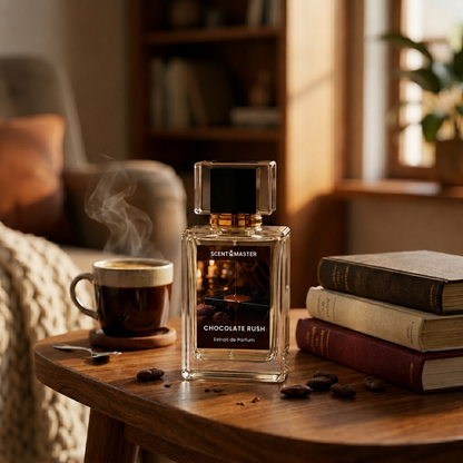Chocolate Rush perfume bottle styled in a cozy warm lifestyle setting