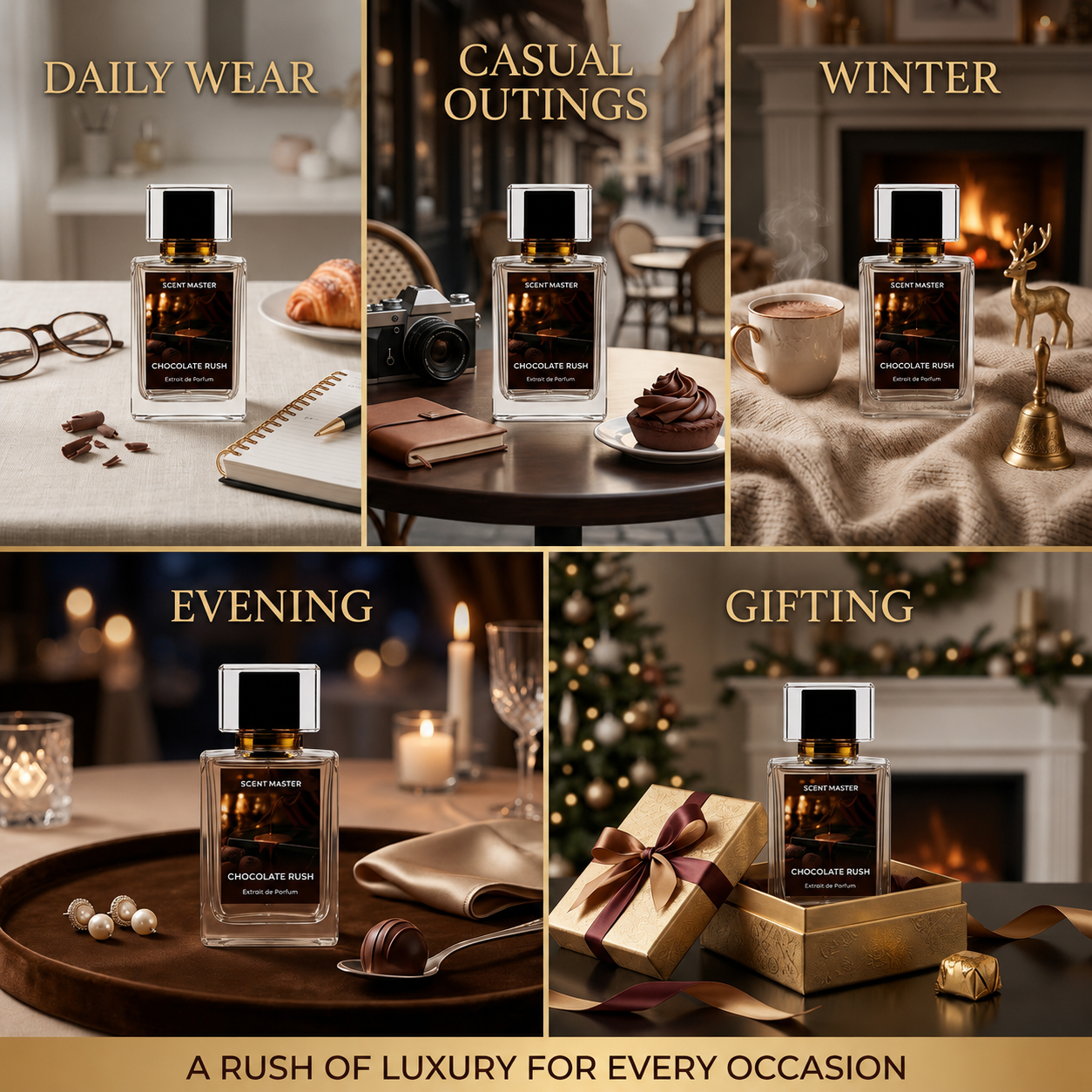 Chocolate Rush perfume occasion split layout showing daily wear, casual, winter, evening, and gifting