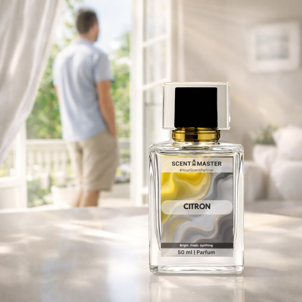 Perfume bottle labeled 'Citron' by Scent Master on a table with a blurred background of a person and window.