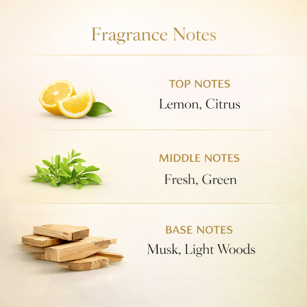 Fragrance notes description with lemon, green leaves, and wooden elements on a beige background