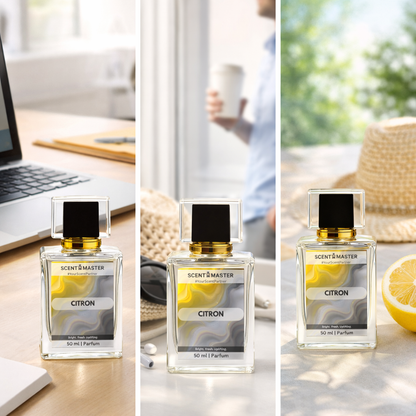 Three different scenes featuring a 'Scent Master Citron' perfume bottle.