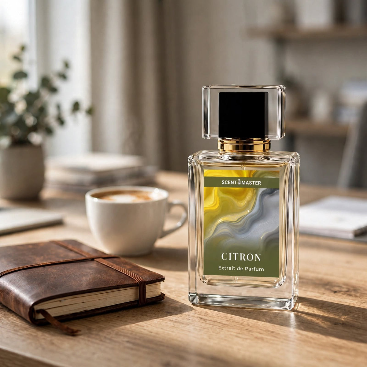 Citron Citrus Woody Perfume Bottle in Office Lifestyle Setting