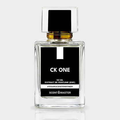 Perfume bottle labeled 'CK One' on a white background