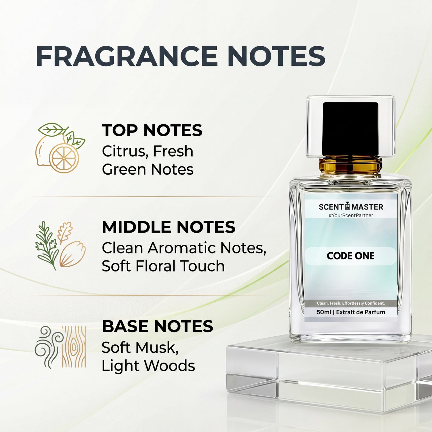 Code One by Scent Master fragrance notes infographic with citrus, fresh green notes, soft musk and light woods