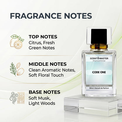 Code One by Scent Master fragrance notes infographic with citrus, fresh green notes, soft musk and light woods