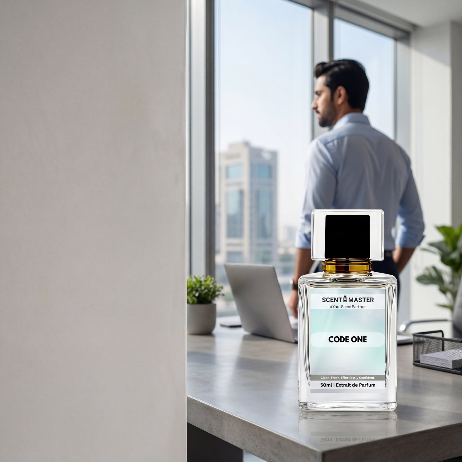 Code One by Scent Master office perfume for fresh clean daily wear, shown in a modern Pakistani workplace