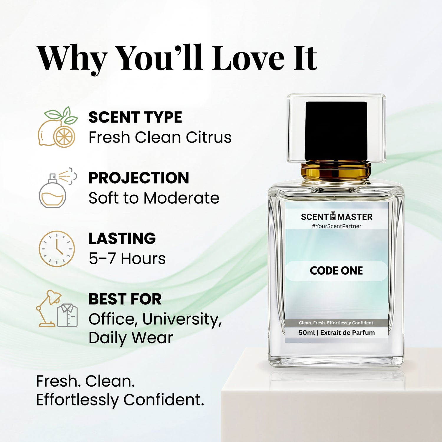 Code One by Scent Master performance infographic showing fresh clean citrus scent, soft to moderate projection and 5 to 7 hours lasting