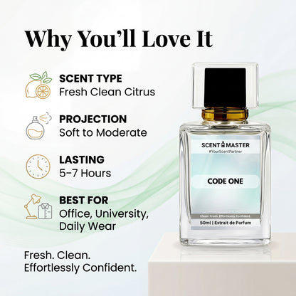 Code One by Scent Master performance infographic showing fresh clean citrus scent, soft to moderate projection and 5 to 7 hours lasting