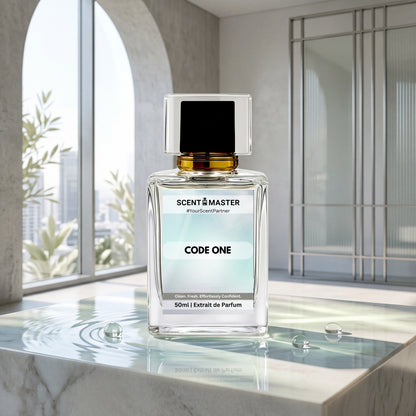 Code One by Scent Master premium fresh campaign shot, clean unisex perfume with modern luxury fragrance styling