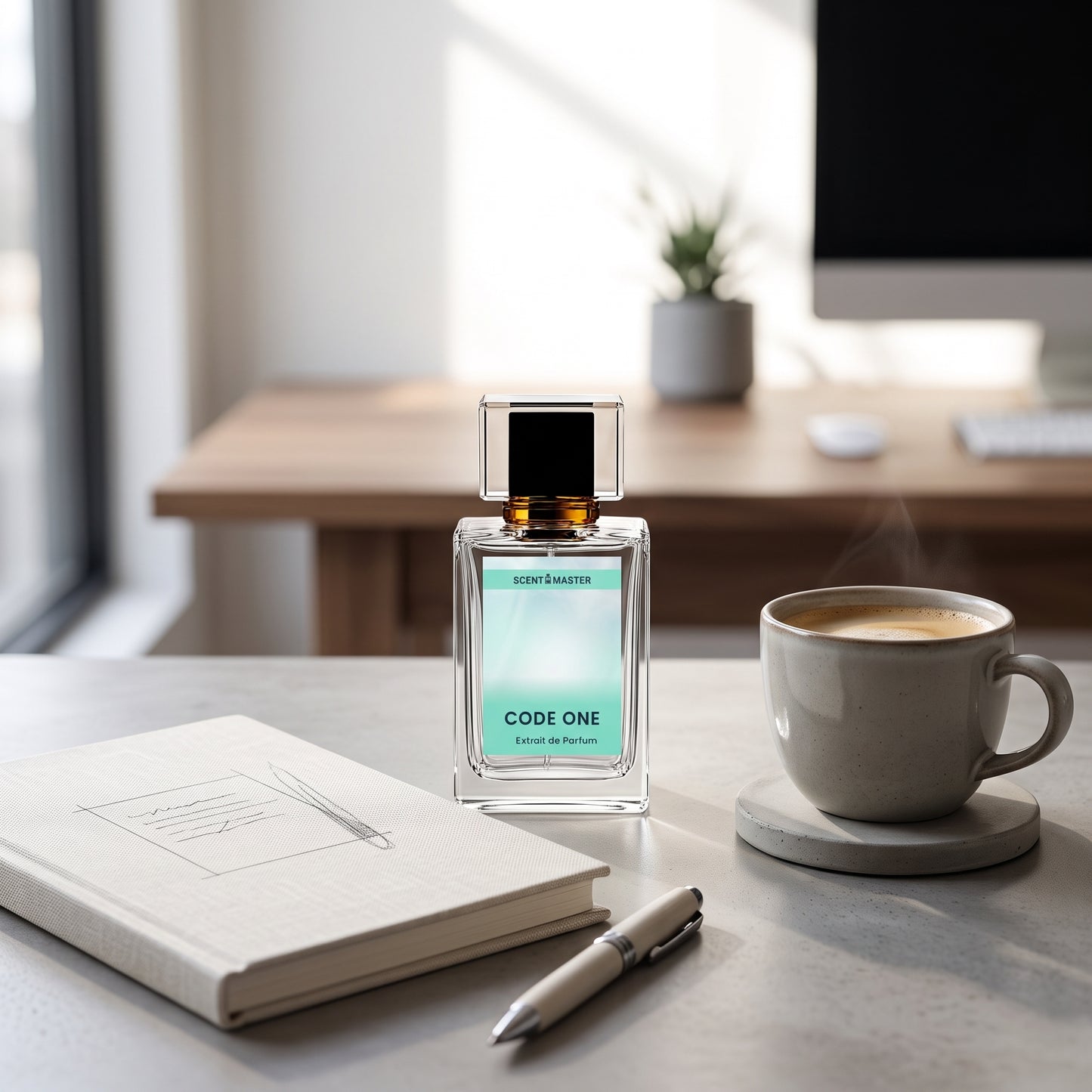Code One Fresh Citrus Perfume Styled On An Office Desk
