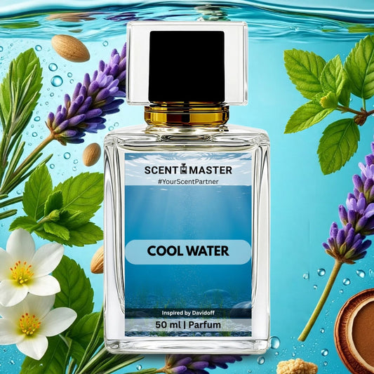 Perfume bottle labeled 'Scent Master Cool Water' surrounded by floral and leaf elements on a blue background