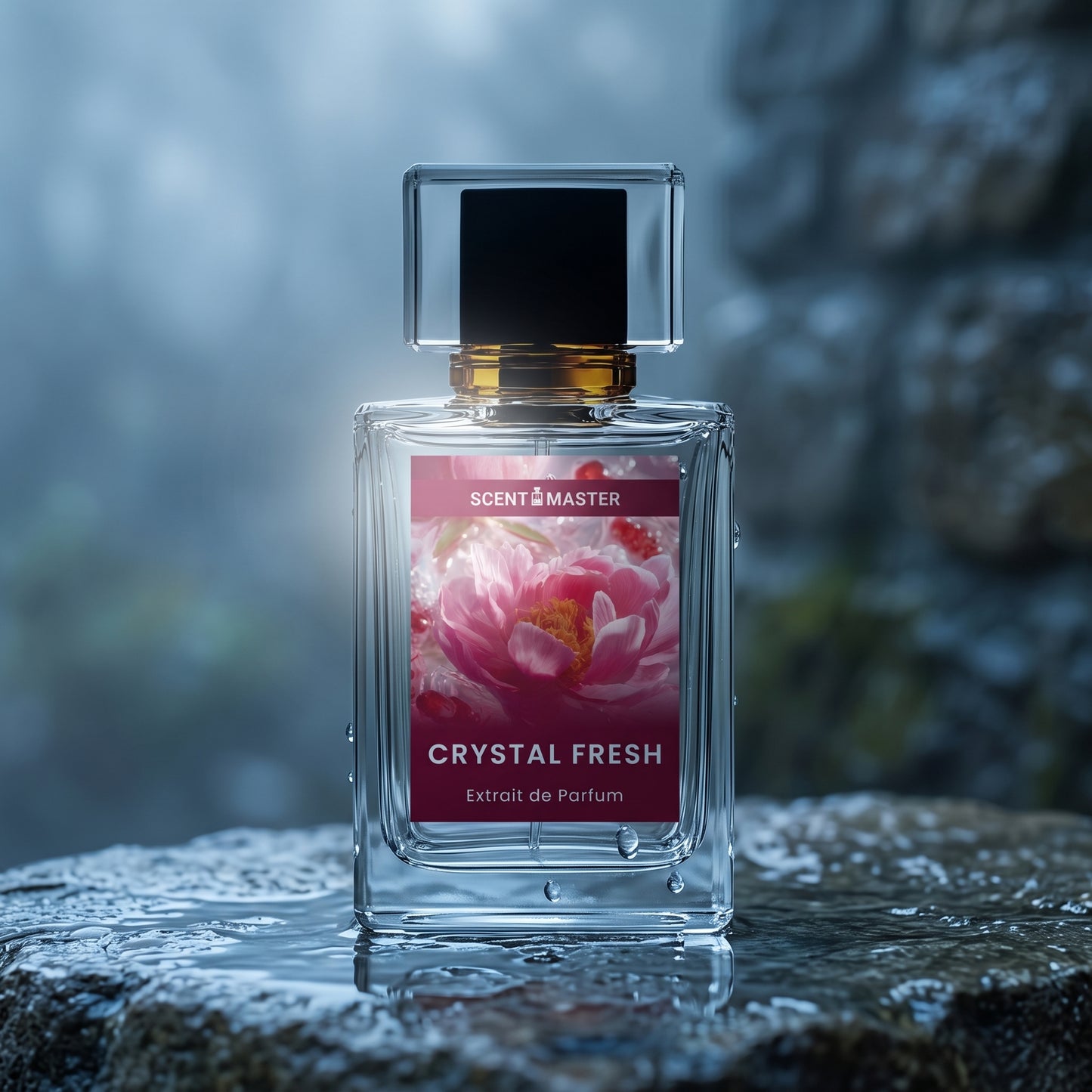 Cinematic photograph of Crystal Fresh perfume bottle in a fresh misty setting