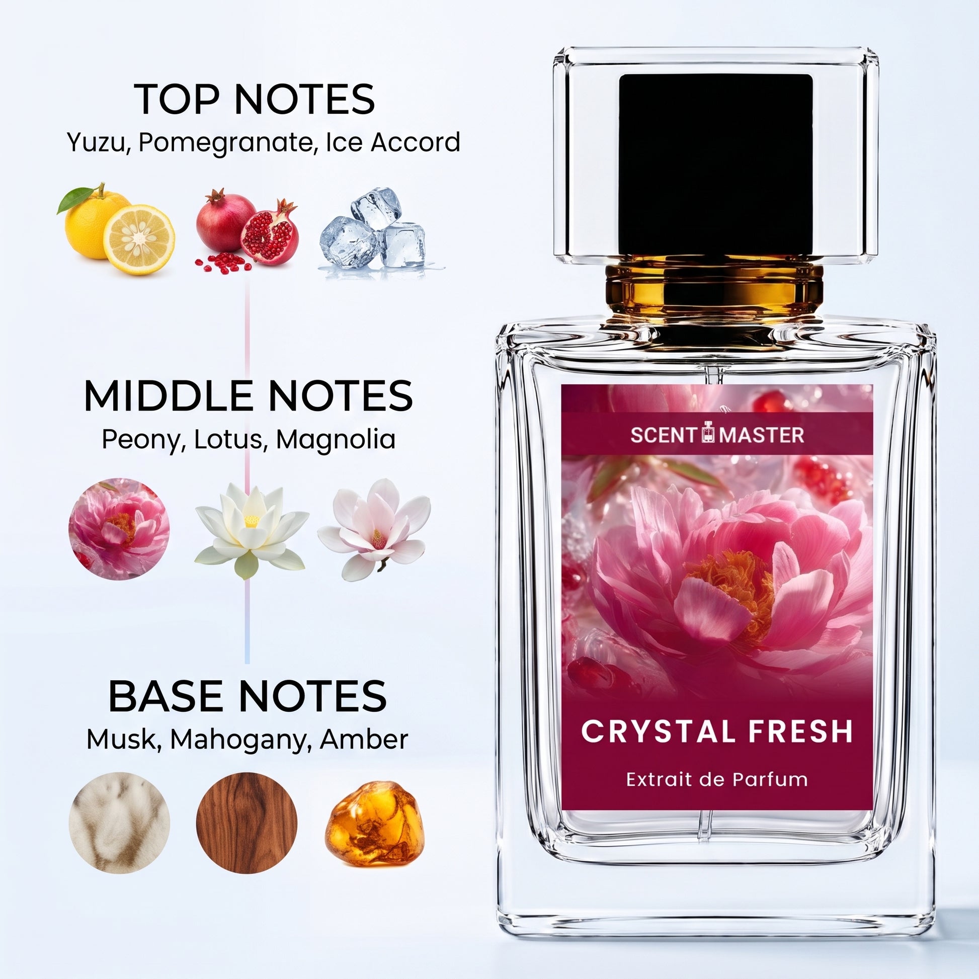 Crystal Fresh perfume fragrance notes infographic showing top, middle, and base notes