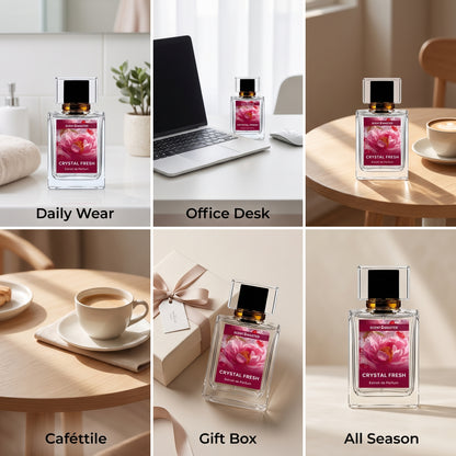 Crystal Fresh perfume shown across daily wear, office, casual, gifting, and all season occasions