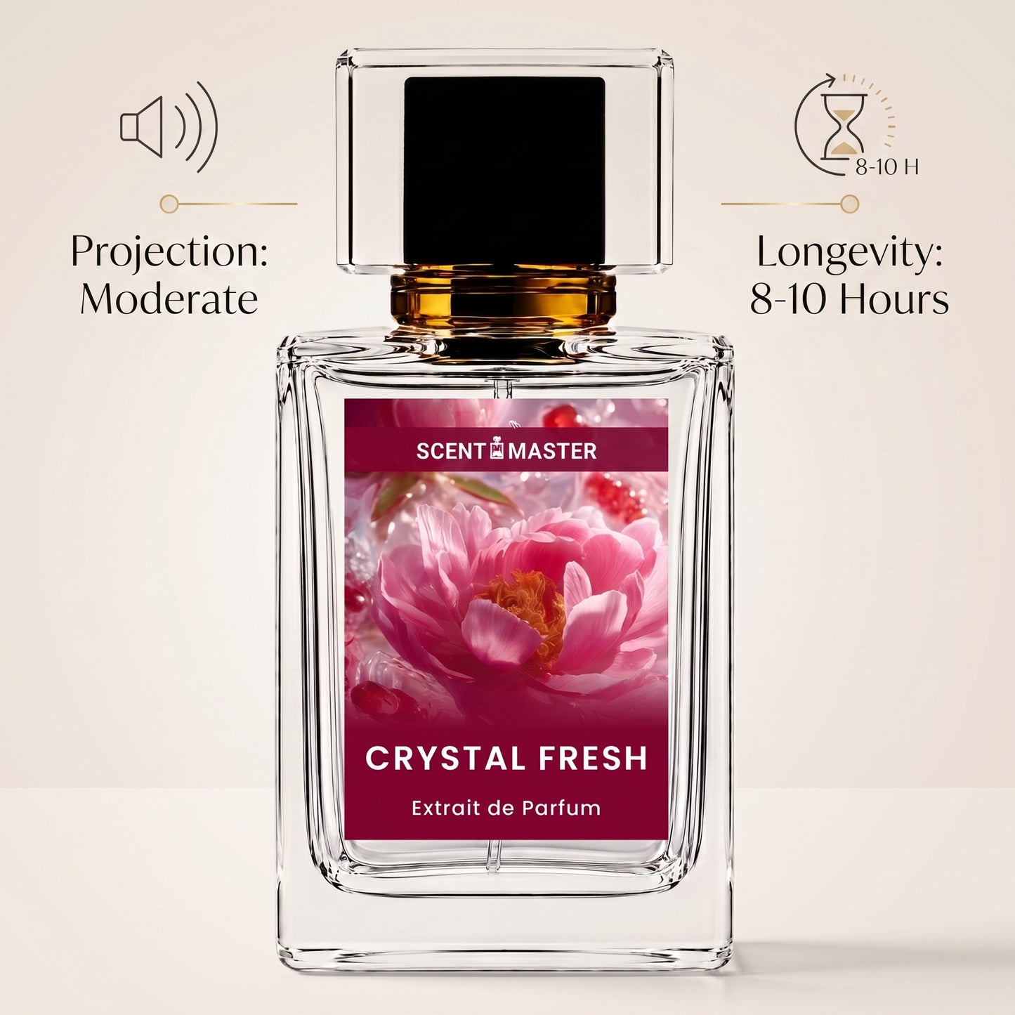 Crystal Fresh perfume performance infographic showing projection and longevity