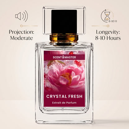 Crystal Fresh perfume performance infographic showing projection and longevity