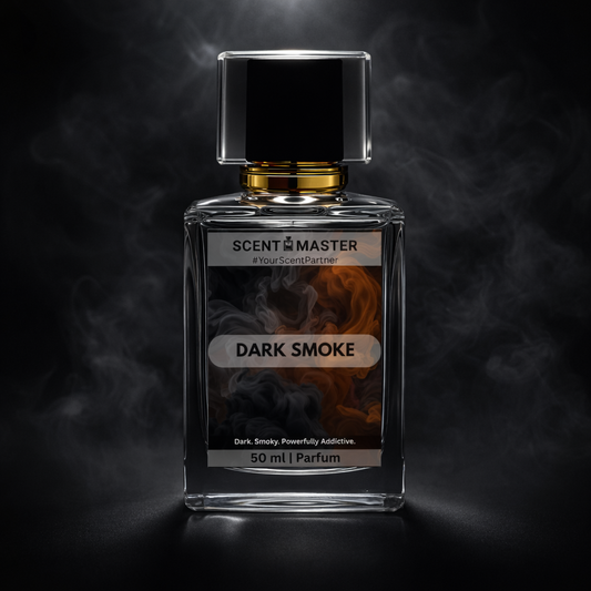 Perfume bottle labeled 'Dark Smoke' by Scent Master on a dark background with smoke effects.