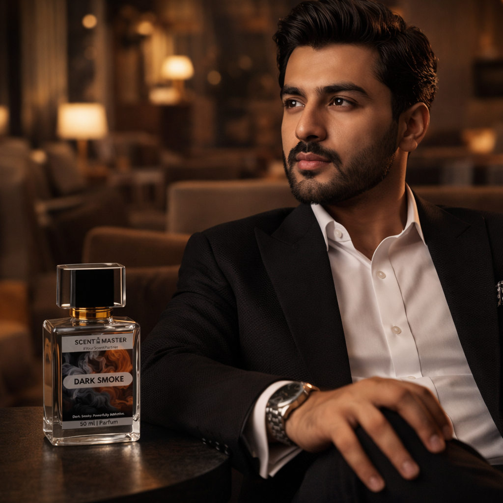 Man in a suit with a bottle of 'Scent Master Dark Smoke' perfume on a table.