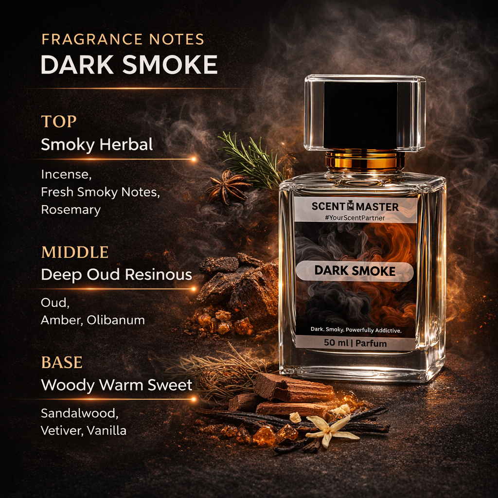 Perfume bottle labeled 'Dark Smoke' with fragrance notes on a dark background