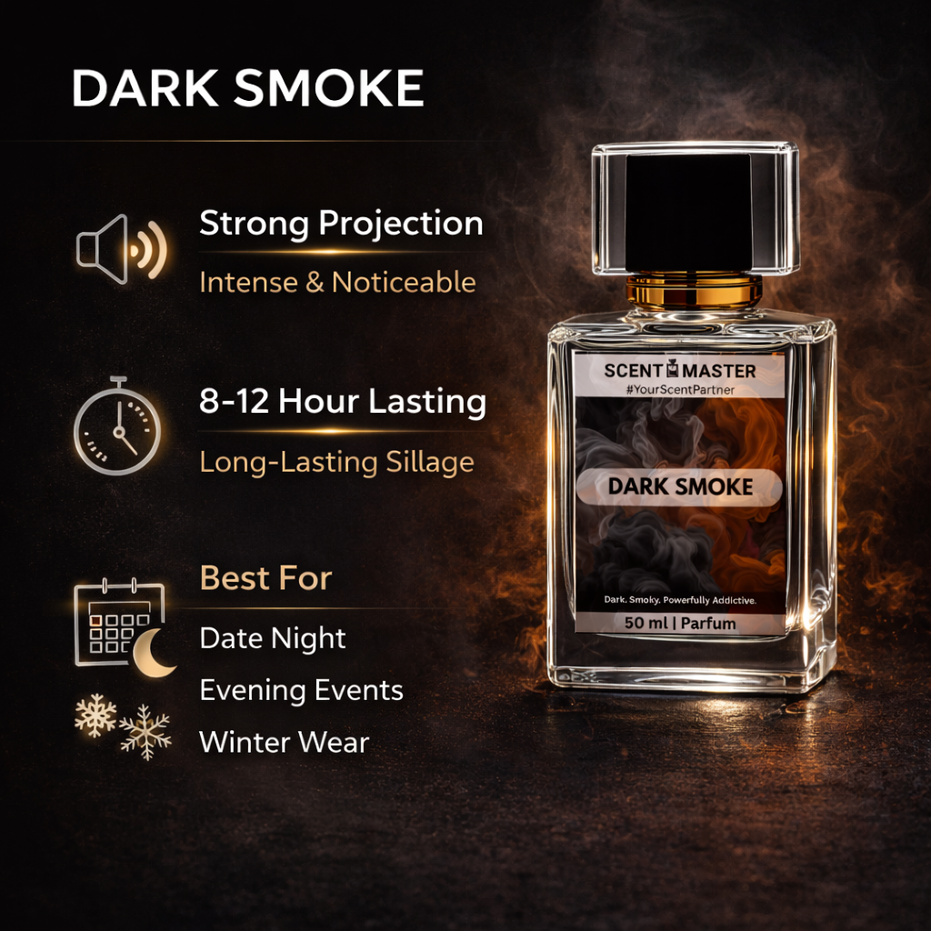 Perfume bottle labeled 'Dark Smoke' with product features on a dark background