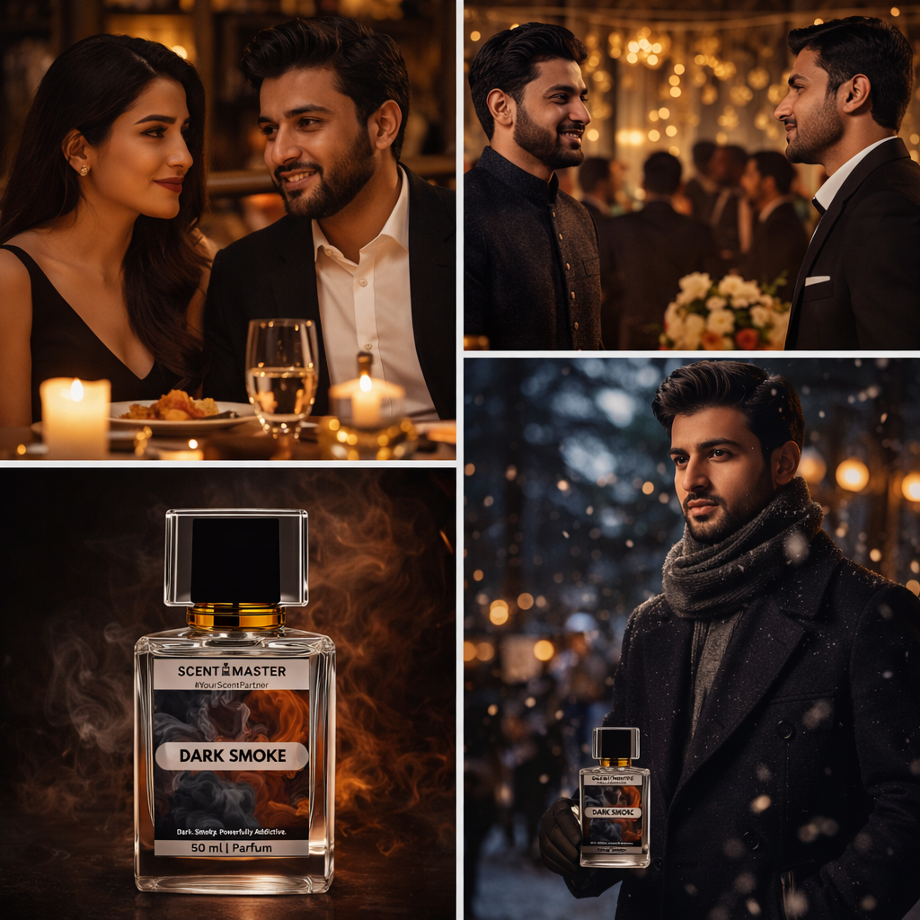 Collage of a couple at a dinner table, a couple in a formal setting, a bottle of 'Scent Master Dark Smoke' perfume, and a man holding the perfume.